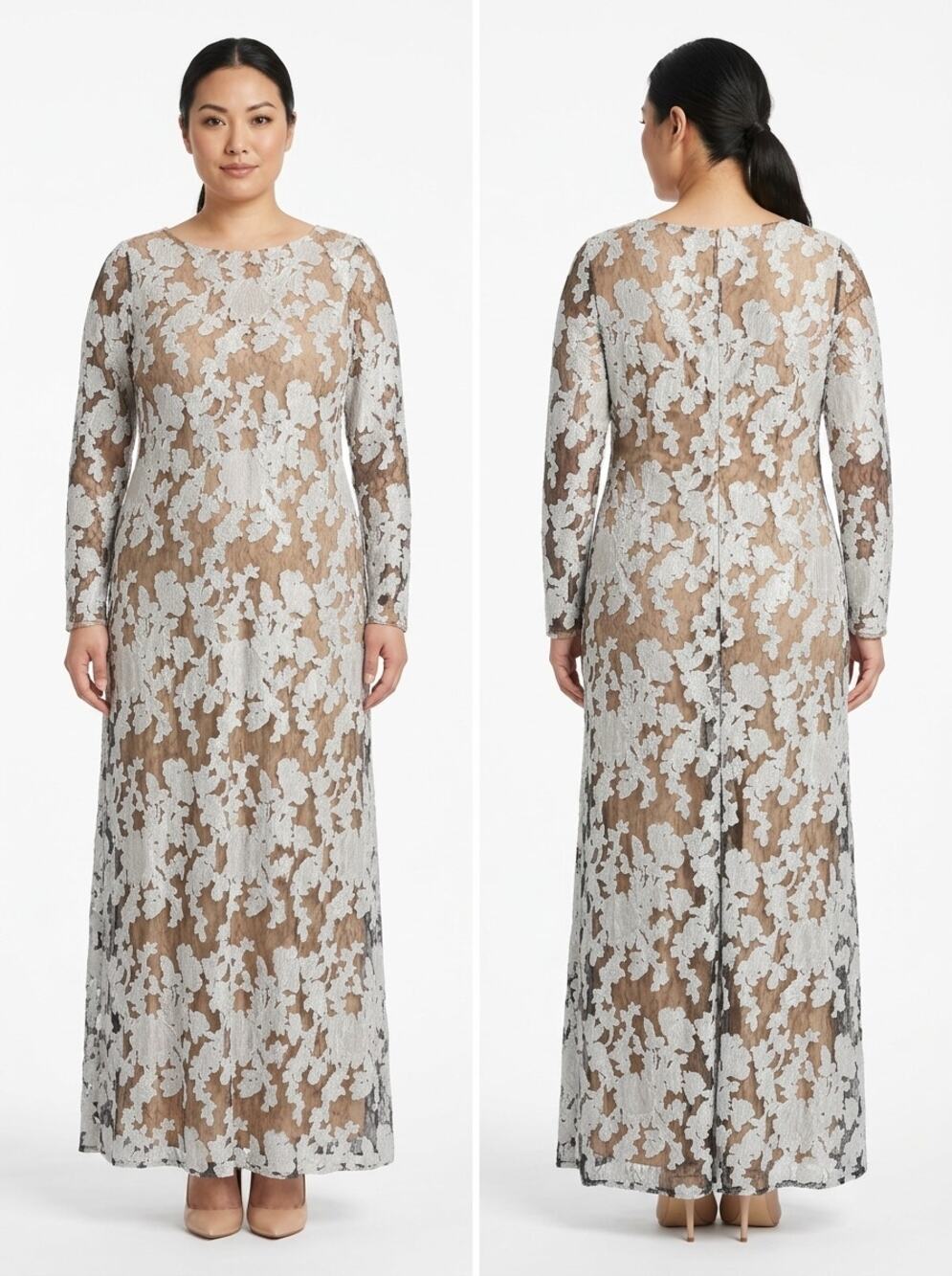 Vera Wang White Beige Embroidered Lace Maxi Dress Women Size 14